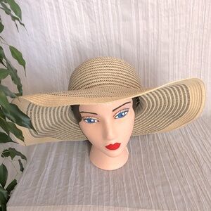 Women Summer sun hat wide brim cream & black striped w/ sparkles